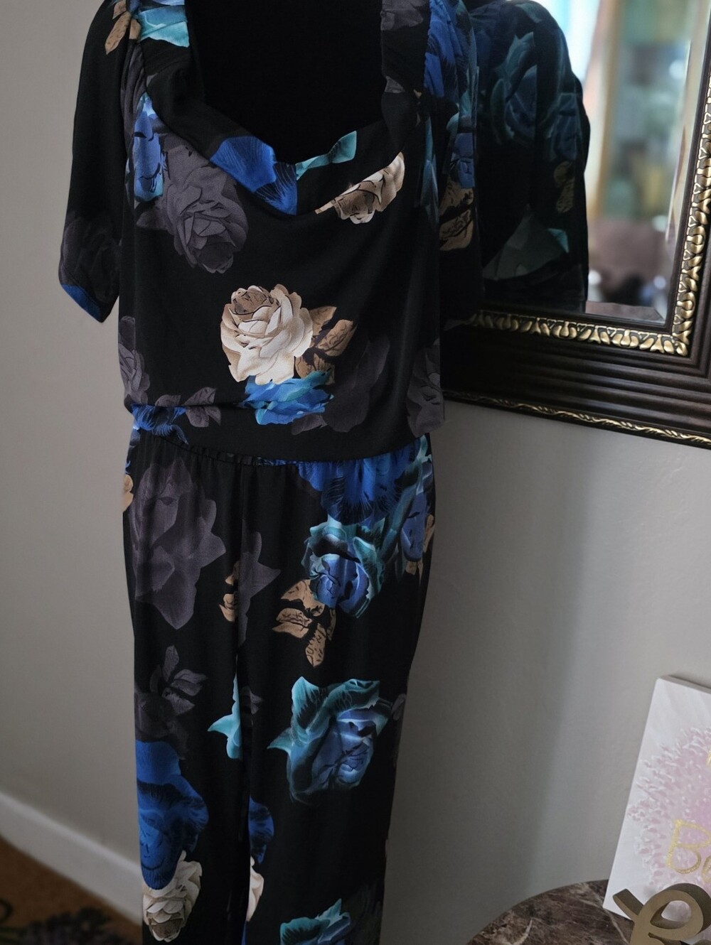 Floral Off-Shoulder Cowl Neck Jumpsuit in Black with Royal Blue & Cream Roses